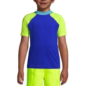 NWT Lands' End Rashguard Short Sleeve Swim Top Electric Blue Colorblock Boys L H
